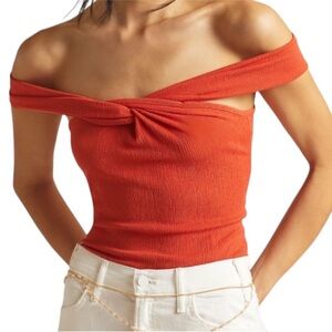 Maeve Off-Shoulder Orange twist stretch crepey Top